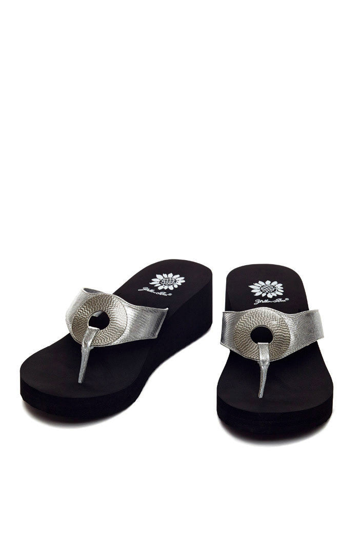 Silver yellow box sales flip flops